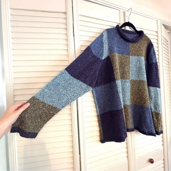 Vintage Checkered Chunky Oversized Mock Neck Sweater Purple Blue Brown - Picture 3 of 4